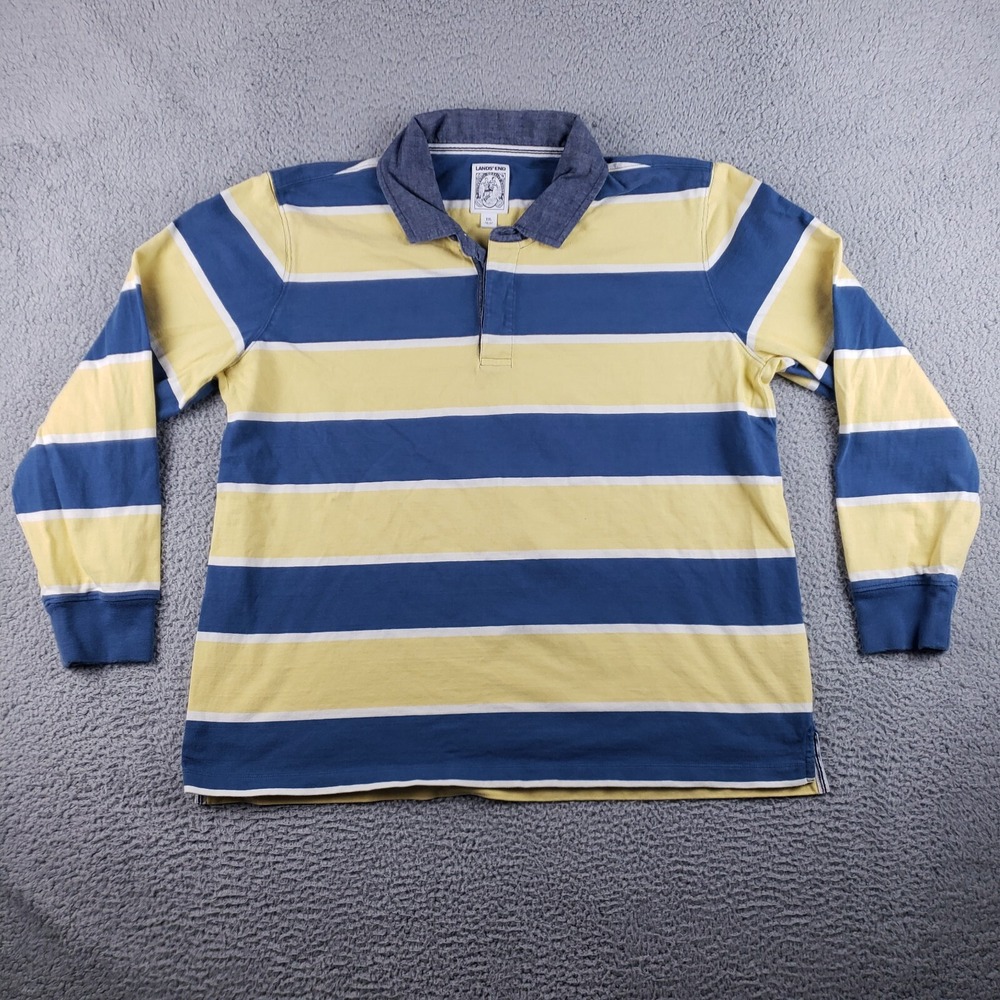 Lands End Authentic Rugby Polo Shirt Mens 2XL‎ Yellow Blue Heavyweight Striped